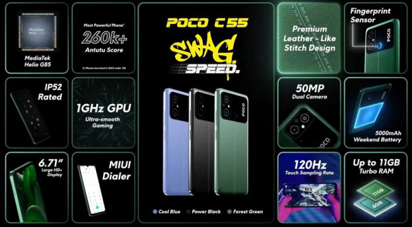POCO C55: дисплей на 6.71″, процессор MediaTek Helio G85, защита IP52 и батарей на 5000 мАч за $115
POCO C55: дисплей на 6.71″, процессор MediaTek Helio G85, защита IP52 и батарей на 5000 мАч за $115