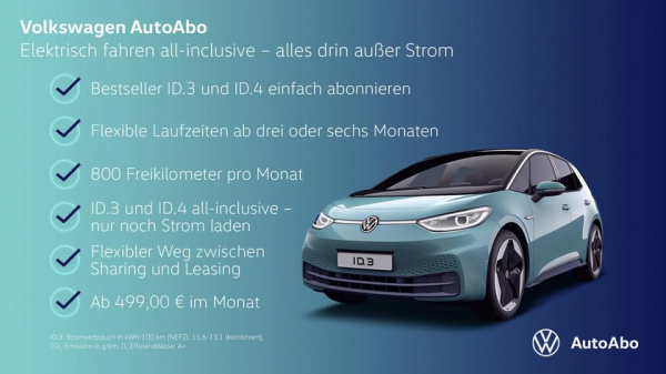 Volkswagen предлагает электромобили по подписке за €499 в месяц
Volkswagen предлагает электромобили по подписке за €499 в месяц