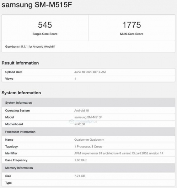 
						Анонс уже близко: Samsung Galaxy M51 &laquo;засветился&raquo; в Geekbench с чипом Qualcomm и 8 ГБ ОЗУ
					