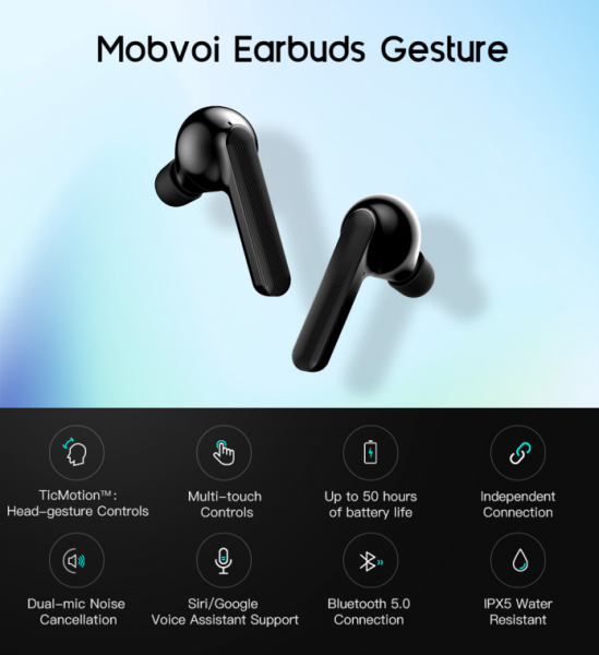 
						Mobvoi Earbuds Gesture: внутриканальные TWS-наушники с автономностью до 50 часов и необычными жестами управления
					