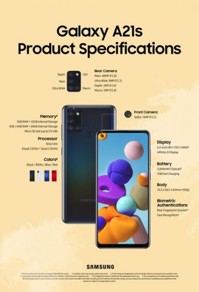 Samsung Galaxy A21s: бюджетник с Infinity-O дисплеем, квадрокамерой и емким аккумулятором за 200 евро
Samsung Galaxy A21s: бюджетник с Infinity-O дисплеем, квадрокамерой и емким аккумулятором за 200 евро