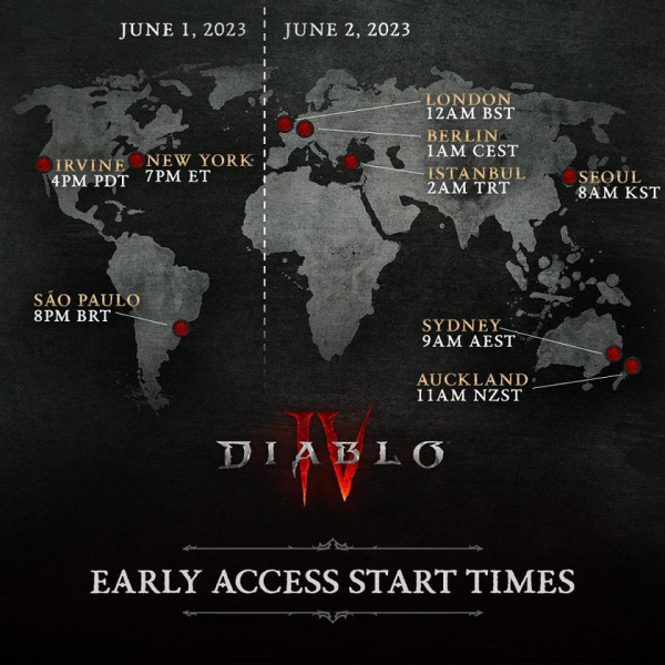 Blizzard опубликовала карты, которые наглядно демонстрируют дату и время релиза Diablo IV в разных часовых поясах
Blizzard опубликовала карты, которые наглядно демонстрируют дату и время релиза Diablo IV в разных часовых поясах