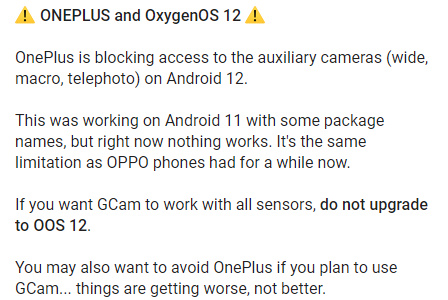 
						Осторожно! Обновление OxygenOS 12 ограничивает возможности Google Camera на смартфонах OnePlus
					