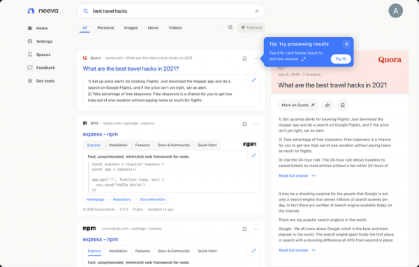 Neeva: поисковик без рекламы, созданный выходцами из Google, стоит $5 в месяц (первые три месяца бесплатно)
Neeva: поисковик без рекламы, созданный выходцами из Google, стоит $5 в месяц (первые три месяца бесплатно)