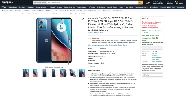 Motorola Edge 50 Pro появилась на Amazon в Европе: продажи стартуют 16 апреля Motorola Edge 50 Pro появилась на Amazon в Европе: продажи стартуют 16 апреля