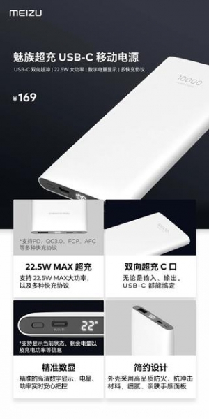 Meizu представила пауэрбанк емкостью 10 000 мАч и мощностью 22,5 Вт за $23
Meizu представила пауэрбанк емкостью 10 000 мАч и мощностью 22,5 Вт за $23