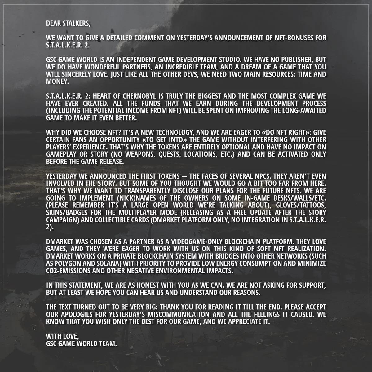 
						Разработчики S.T.A.L.K.E.R. 2: Heart of Chernobyl отказались от идеи внедрения NFT из-за негодования геймеров
					