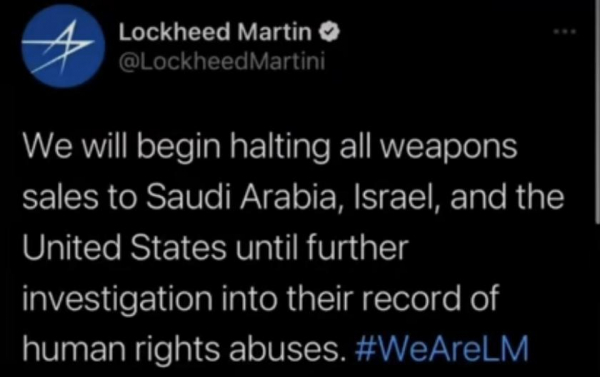 
							Lockheed Martin потеряла более $7 млрд стоимости параллельно с заявлением фейкового верифицированного аккаунта в Twitter о прекращении поставок оружия Саудовской Аравии, США и Израилю
						
