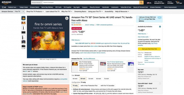 Предложение дня: Amazon Fire TV Omni c 4K-экраном на 50 дюймов и голосовым ассистентом Alexa доступен со скидкой $226
Предложение дня: Amazon Fire TV Omni c 4K-экраном на 50 дюймов и голосовым ассистентом Alexa доступен со скидкой $226