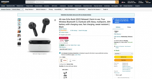 Amazon продаёт Echo Buds (2023) со скидкой 20% Amazon продаёт Echo Buds (2023) со скидкой 20%