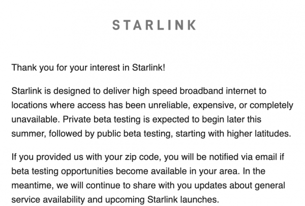 
						На сайте Starlink &mdash; компании Илона Маска, планирующей раздавать интернет со спутников, запустили прием заявок на подключение (вы тоже можете оставить)
					
