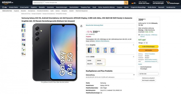 Samsung Galaxy A34 5G на Amazon: смартфон с экраном на 120 Гц, камерой на 48 МП, чипом Dimensity 1080 и защитой IP67 со скидкой 60 евро
Samsung Galaxy A34 5G на Amazon: смартфон с экраном на 120 Гц, камерой на 48 МП, чипом Dimensity 1080 и защитой IP67 со скидкой 60 евро