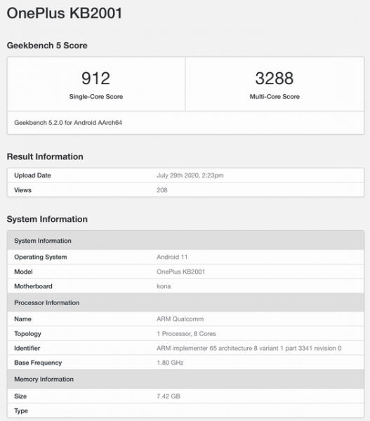 OnePlus 8T «засветился» в Geekbench с новым топовым процессором Qualcomm и Android 11 на борту
OnePlus 8T «засветился» в Geekbench с новым топовым процессором Qualcomm и Android 11 на борту