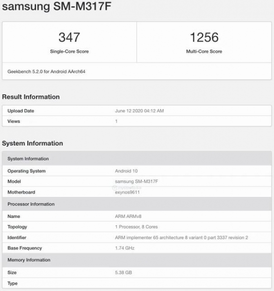 
						Смартфон Samsung Galaxy M31s появился в Geekbench с 6 ГБ ОЗУ, чипом Exynos 9611 и Android 10
					
