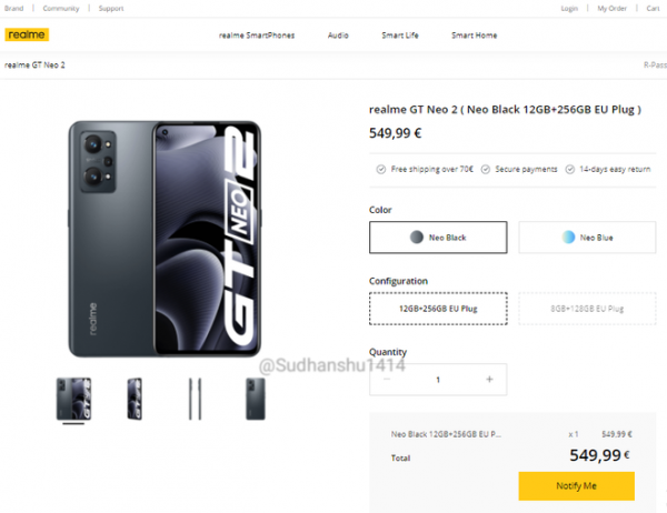 
						Гораздо дороже: Realme раскрыла цены Realme GT Neo 2 для Европы
					