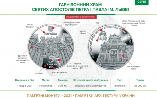 Нацбанк вводит в обращение монету "Гарнизонный храм святых апостолов Петра и Павла"