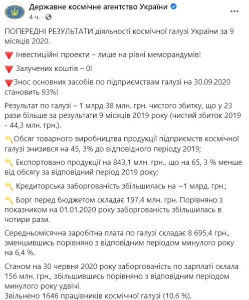 В Космическом агентстве Украины отчитались о долгах и убытках 
