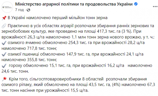 В Украине аграрии намолотили первый миллион тонн зерновых – Минагрополитики В Украине аграрии намолотили первый миллион тонн зерновых – Минагрополитики